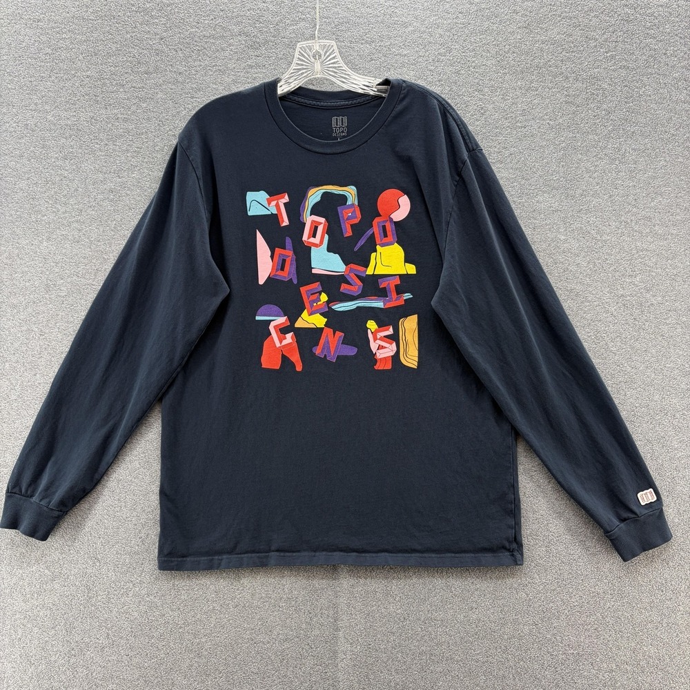 Topo Designs Shirt Mens Large Navy Long Sleeve Graphic Logo Organic Cotton Tee